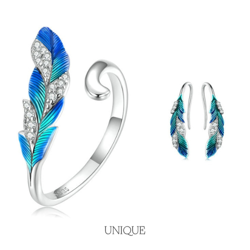 Conjunto Pendientes y Anillo Plumas de Pavo Real