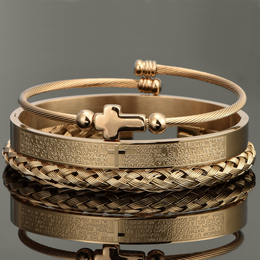 Pulsera Roman con Crucifijo y Letra del Padre Nuestro Chapada en Oro de 18K