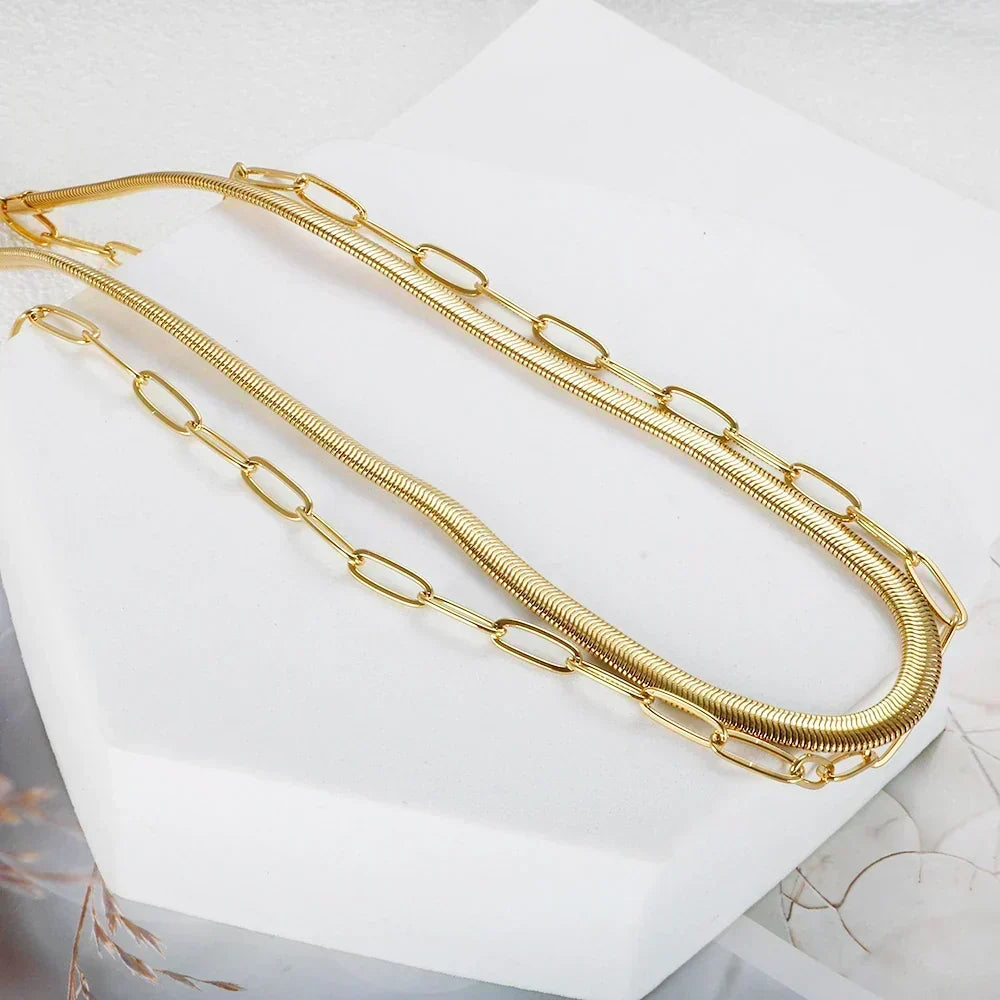 Collar Doble de Malla y Eslabones Chapado en Oro de 18K